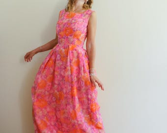 Vintage 70s Pink Chiffon Sleeveless Maxi Dress / 1970s Floral Maxi / S