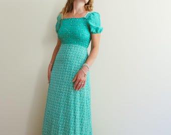 Vintage 70s Turquoise Ditsy Floral Cottagecore Cotton Dress / 1970s Prairie Maxi Dress