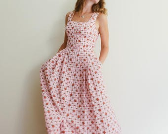 Vintage 90s Hochalm Pink Gingham Floral Cotton Dress / XS