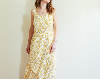Vestido largo sin mangas con estampado floral de margaritas amarillas estilo vintage de los 90 de Kellermann / Vestido de verano amarillo vintage / Vestido largo con estampado de margaritas de los 90