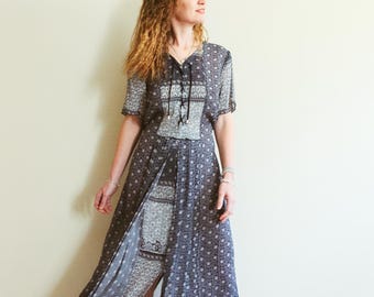 Vintage 90s Blue Bohemian Maxi Dress / S / Vintage Boho Dress /