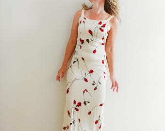 Vintage 90s Beige Floral Rose Print Crinkled Viscose Midaxi Dress / S