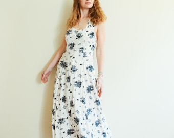 Vintage 90s White Blue Floral Cross Back Dress / White Floral Vintage Dress / Minimal Vintage Dress / 90s Floral Button Down Dress