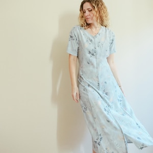 Vintage 90s Pastel Blue Floral Button Down Midi Dress / 90s Floral Shirt Dress / Pastel Floral Vintage Midi Dress / 90s Pastel Blue Dress