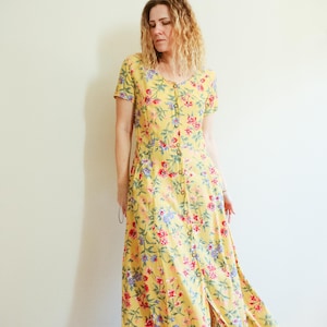 Vintage 90s Yellow Floral Print Button Down Maxi Dresses / Vintage Yellow Summer Dress / Here Comes the Sun