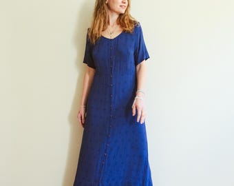 Vintage 90s Ultramarine Blue Bohemian Button Down Maxi Dress / M / Vintage Boho Maxi Dress / Boho Floral Maxi Dress / Boho Blue