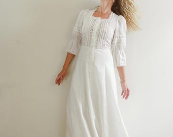 Vintage 70s White Embroidered Cottagecore Maxi Dress / Made in Finland / 1970s Bohemian Hippie Dress