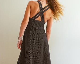 Vintage 90s Black and White Polka Dot Cross Back Midi Dress / 90s Black and White Polka Dot Slip Dress / Vintage B&W Polka Dot Dress