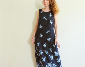 Vintage 90s Blue Bohemian Floral Print Sleeveless Maxi Dress / S / Vintage Boho Maxi Dress / Boho Floral Maxi Dress / Boho Blue