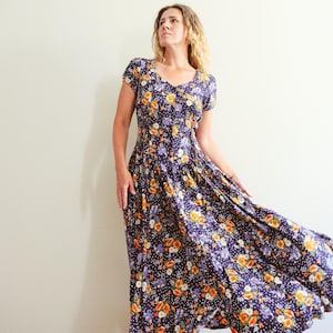 Vintage 80s 90s Blue Floral Cottagecore Maxi Dress / Vintage Floral Cottagecore Dress / Prairie Vintage Dress / Vintage Floral Maxi Dress