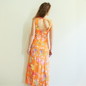 Vintage 90s Orange Floral Print Open Back Sleeveless Midaxi Dress / 90s Orange Floral Dress / Vintage Orange Dress