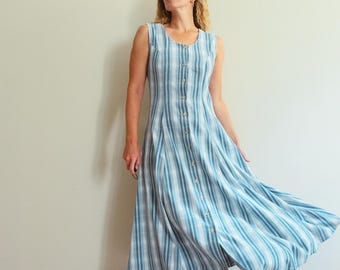 Vestido midi vintage de los 90 de algodón sin mangas con botones y estampado de cuadros vichy azul / Talla S