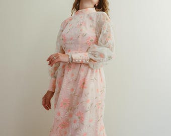 Vintage 60s 70s Flocked Chiffon Pink Daisy Floral Maxi Dress / Vintage 60s Wedding Gown / Vintage Ethereal Dress / Flower Child