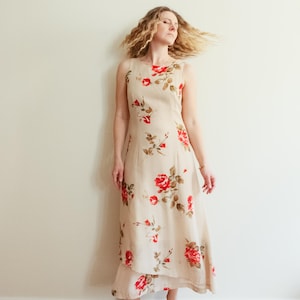 Vintage 90s Beige Floral Print Sleeveless Maxi Dress / S / Viscose
