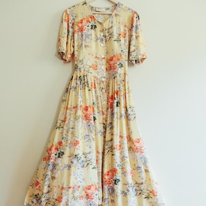 Vintage 90s Yellow Floral Print Button Down Maxi Dresses / Vintage Yellow Summer Dress / Here Comes the Sun