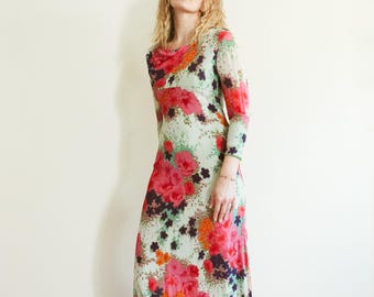 Vintage 70s Colourful Floral Print Maxi Dress / S / Flower Child Dress / 70s Floral Dress / 70s Bold Floral Maxi