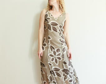 Vintage 90s Green Floral Orchid Print Sleeveless Maxi Dress / M