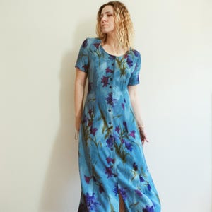 Vintage 90s Blue Floral Print Button Down Midaxi Dress / S / Birds of Paradise / Island Chic Dress / Vacation Dress