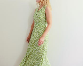 Vintage 90s Green Daisy Floral Print Sleeveless Midaxi Dress / Made in England / 1990s Green Button Down Summer Dress