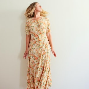 Vintage 90s Yellow Coral Floral Button Down Midaxi Dress / 90s Romantic Floral Dress / 90s Floral Shirt Dress / Yellow Floral Vintage Dress