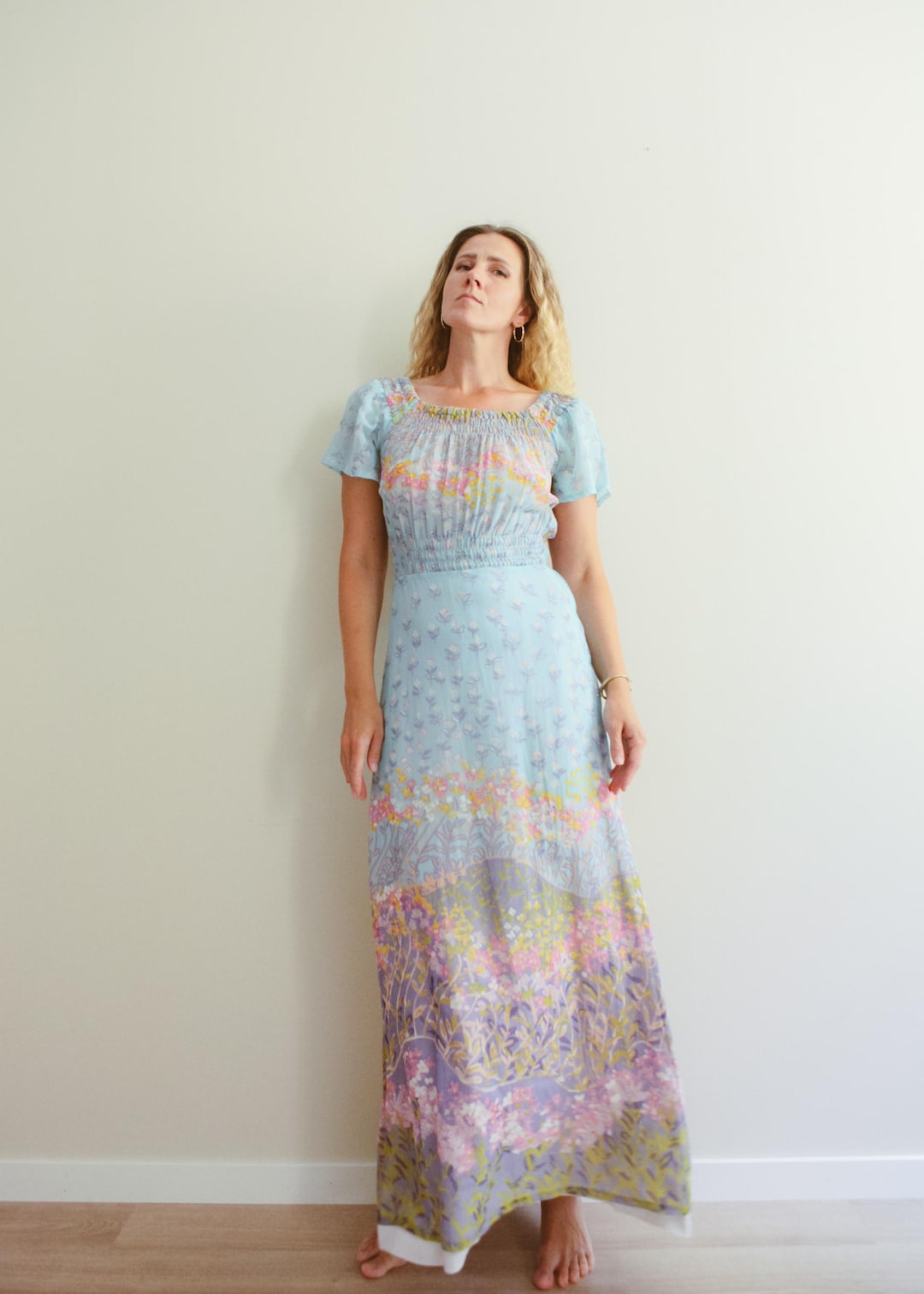 Vintage 70s Blue Pink Dreamy Romantic Floral Boho Maxi Dress / M - Etsy