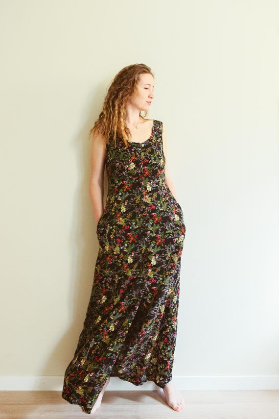 90s floral maxi dress Vintage 90s Black Floral Maxi Dress / Vintage Floral Cross Back Dress / 90s  Dark Floral Dress / Simple Vintage Black Floral Maxi Dress