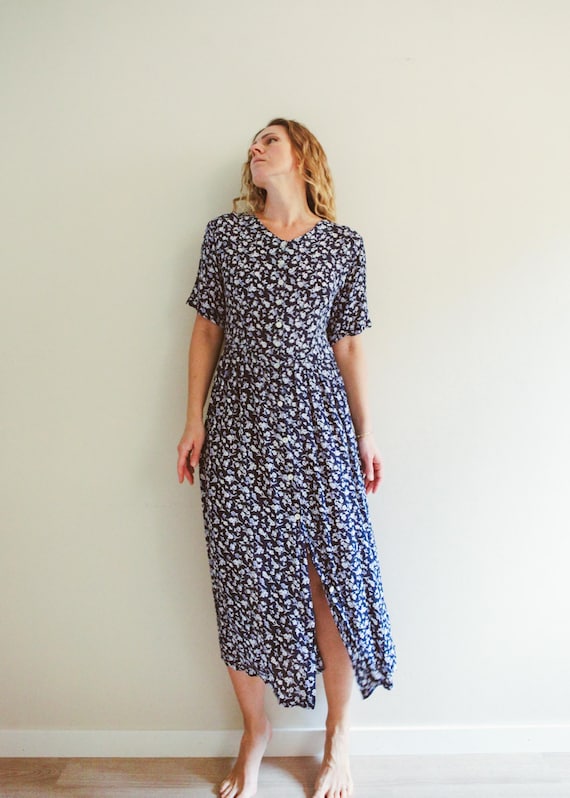 Vintage 90s Blue Ditsy Floral Button Down Midaxi Dress / M