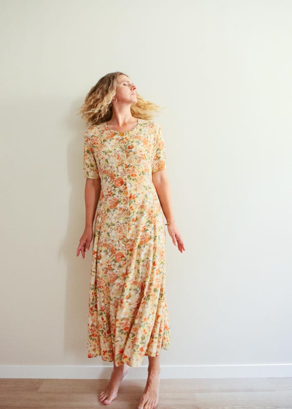 Vintage 90s Yellow Coral Floral Button Down Midaxi Dress / 90s Romantic Floral Dress / 90s Floral Shirt Dress / Yellow Floral Vintage Dress