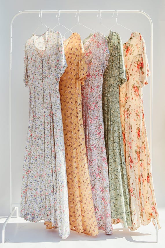vintage dresses 90s Pastel Floral Button Down Maxi / 90s Floral Shirt Dress / Pastel Floral Vintage Maxi Dress A-line V Neck 3/4 sale: AUUK Mid Year FULL Size:AU 8 100% polyester Unworn Made