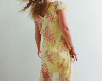 Vintage 90s Romantic Yellow Floral Chiffon Midaxi Dress / S/M