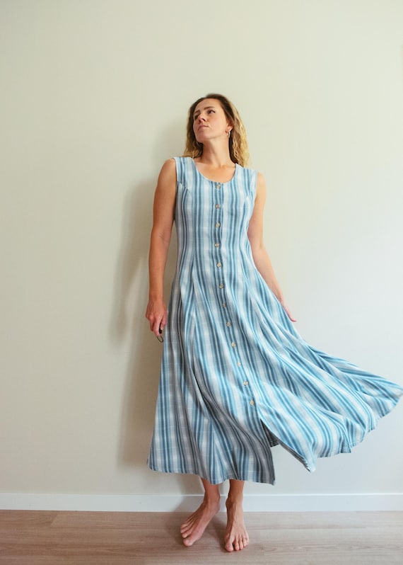 Vintage 90s Blue Gingham Plaid Button Down Sleeveless Cotton Midaxi Dress / S