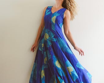 Vintage 90s Cerulean Floral Print Midaxi Dress / 1990s Ultramarine Blue Yellow Chiffon Button Down Dress / M