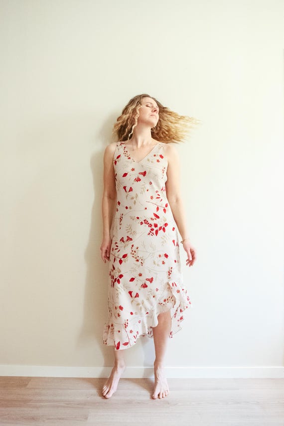 Vintage 90s Beige Floral Print Sleeveless Midi Dress / M