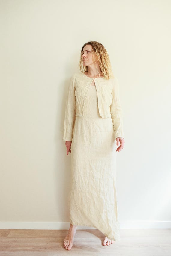 cream dress and jacket Silk dress and jacket outfit
