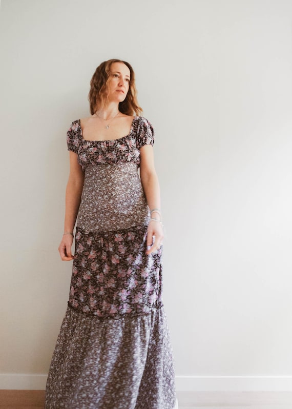 h&m black floral maxi dress Vintage 70s 80s H&M Black Floral Maxi Dress / Vintage Ditsy Floral Prairie  Dress
