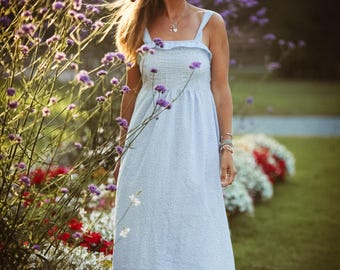 Vintage 80s 90s Pastel Blue Floral Cottagecore Cotton Dress / Made in Belgium / S