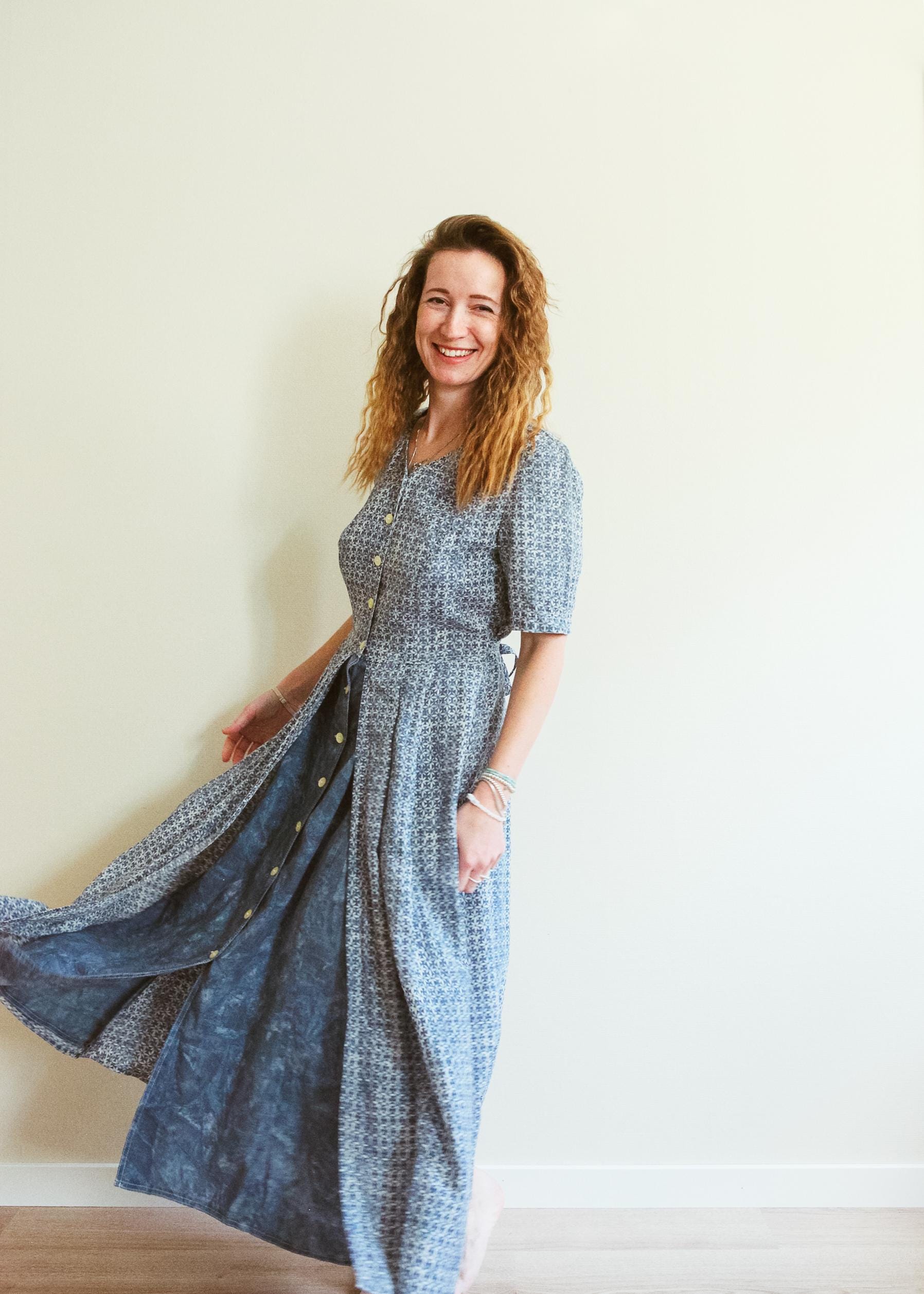 Vintage 90s Blue Bohemian Button Down Maxi Dress / M / Vintage Boho Maxi Dress / Boho Floral Maxi Dress / Boho Blue