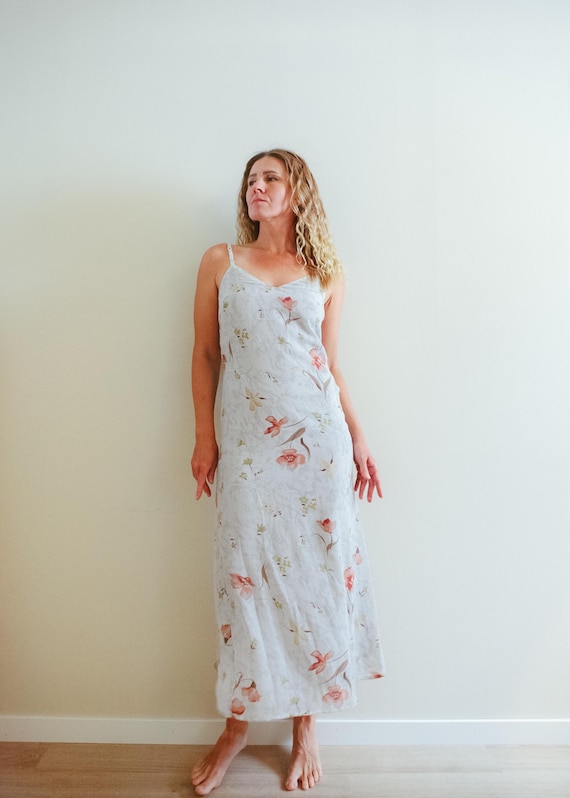 Vintage 90s Light Grey Floral Slip Midaxi Dress / S
