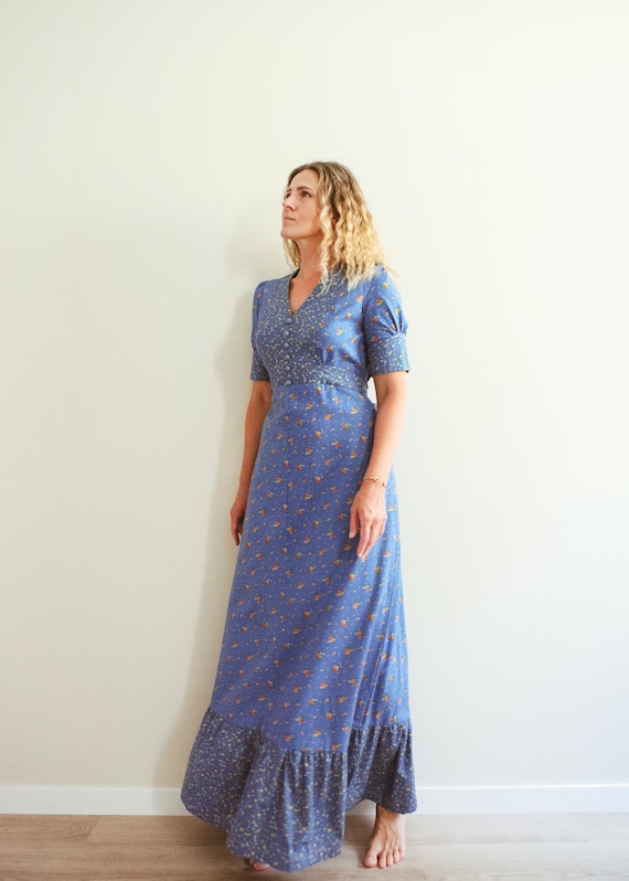 70s flowy dress 70s Green Tan Stripe Floral Cotton Maxi Dress with Shawl
