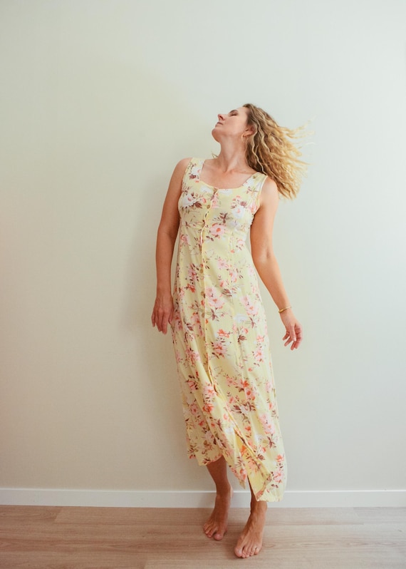 Vintage 90s Romantic Yellow Floral Button Down Midaxi Dress / 90s Romantic Floral Dress / Vintage Feminine Dress / 90s Button Down Dress Vintage 90s Romantic Yellow Floral Button Down Midaxi Dress / 90s Romantic Floral Dress / Vintage Feminine Dress / 90s Button Down Dress