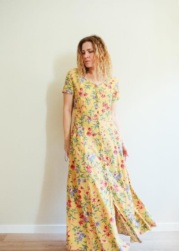 chinese dress ladies Retro 90s blue denim buttons down sleeveless maxi dress – Mellina Vintage main image 1