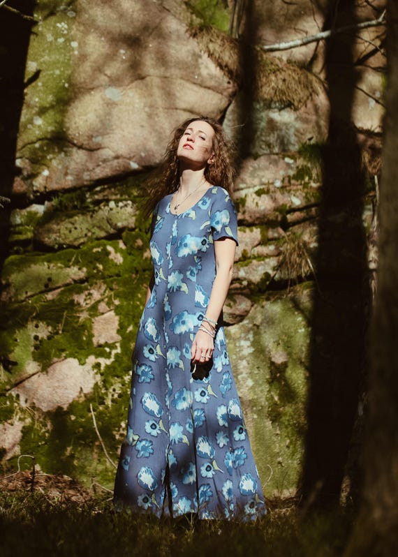 90s Button Down Dress Daisy Summer Dress, 90s, Button Down Midi, White Blue  Flowers, M, Ditzy