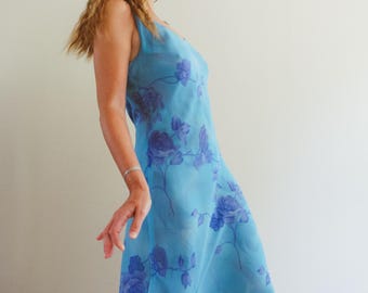 Vintage 90s Cerulean Blue Reversible Floral Sleeveless Chiffon Maxi Dress / S/M
