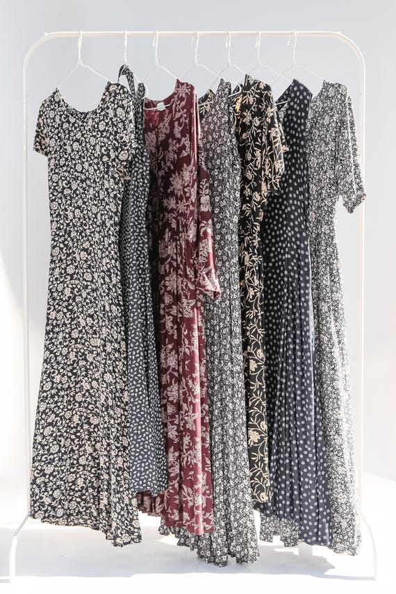 Vintage 90s B&W Black and White Floral Dresses / Black and White Vintage Dress / BW Floral Vintage Dresses / 90s BW Ditsy Floral Dresses