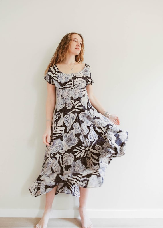 boho dress h&m Vintage 90s Blue Bohemian Midaxi / S / Vintage Dress / Boho Blue neckline with spaghetti ties