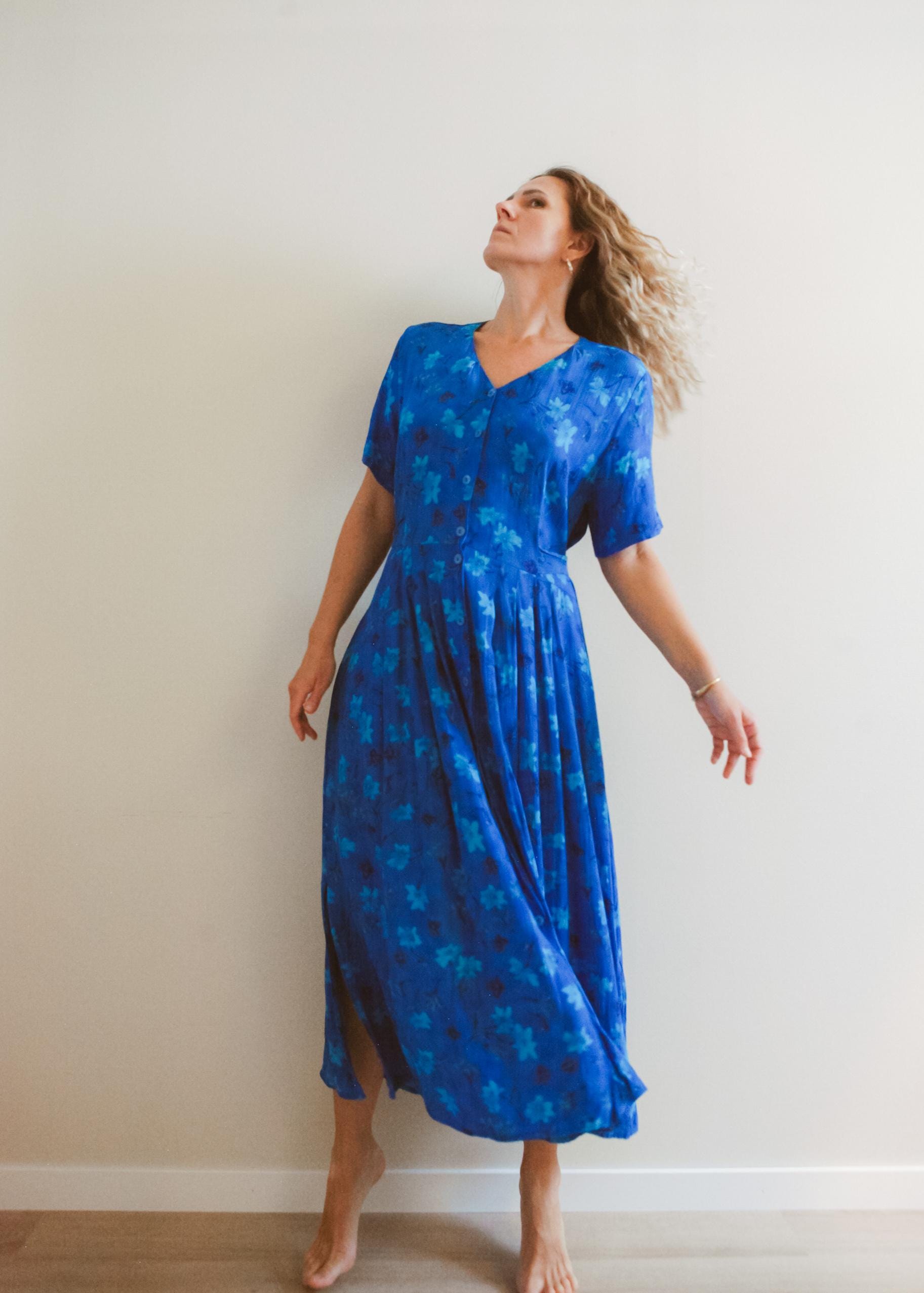 blue viscose dress Midnight Blue Cuff Sleeve Satin Dress – valoirofficial main image 1