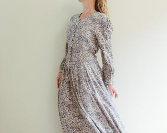 Vintage 90er Jahre Blau Beige Floral Langarm Maxi Kleid