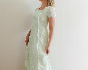 Vintage 70s Pastel Green Prairie Maxi Dress / 1970s Chiffon Floral Gown