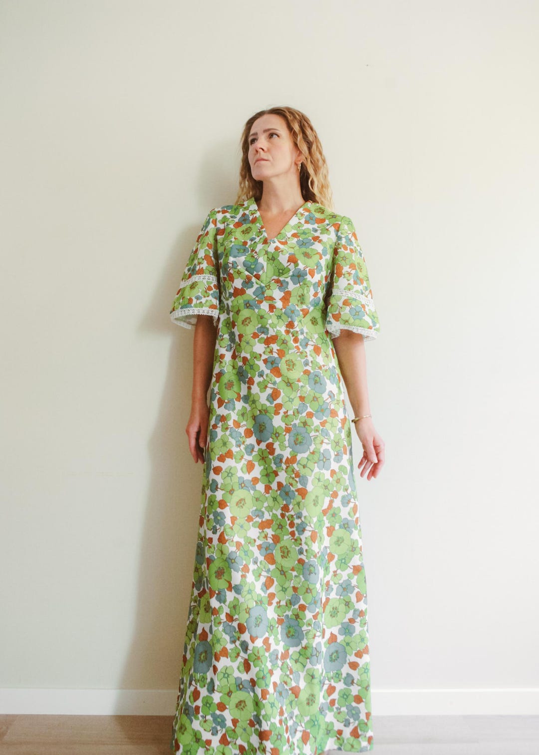 Vintage 60s 70s Green Floral Maxi Dress / S/M - Etsy