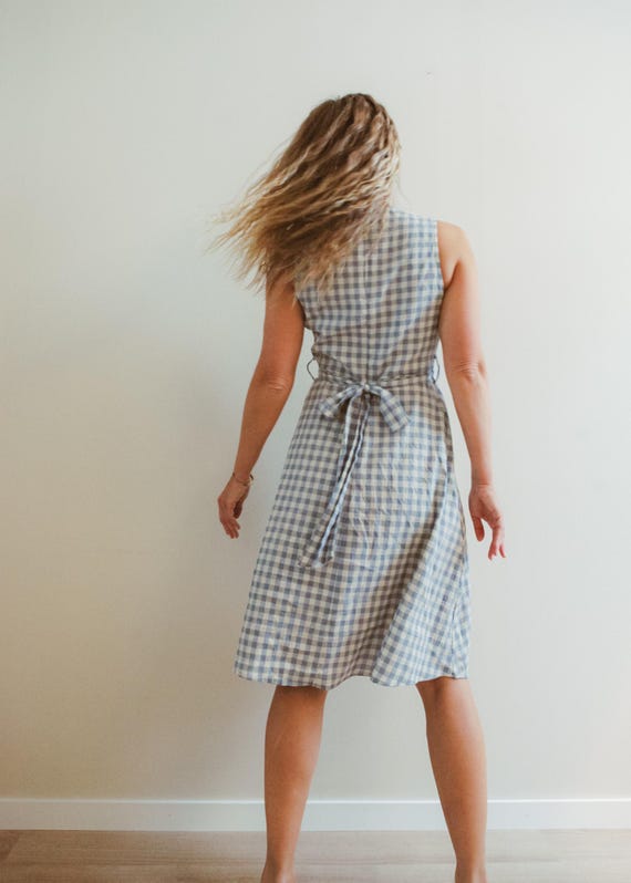 Vintage 90s Blue White Gingham Plaid Sleeveless Midi Dress / S